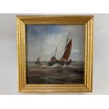 Maritime school, two boats on grey seas, oil on board, unsigned, 13.5cm square