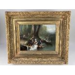 19th century Continental school, women washing on a riverbank, oil on board, frame with plaque