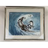 Eileen Soper (1905-1990) two otters chasing a fish, watercolour, signed, 40cm by 54cm