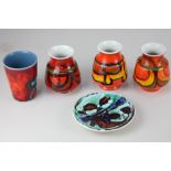 Three Poole pottery Delphis miniature vases, 10cm high, together with a Poole pottery miniature