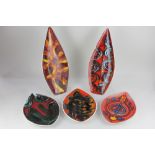 Five Poole pottery spear shaped dishes, various patterns and colours, largest 45cm