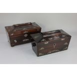 A 19th century rosewood and mother of pearl inlaid tea caddy, of sarcophagus form, the interior with