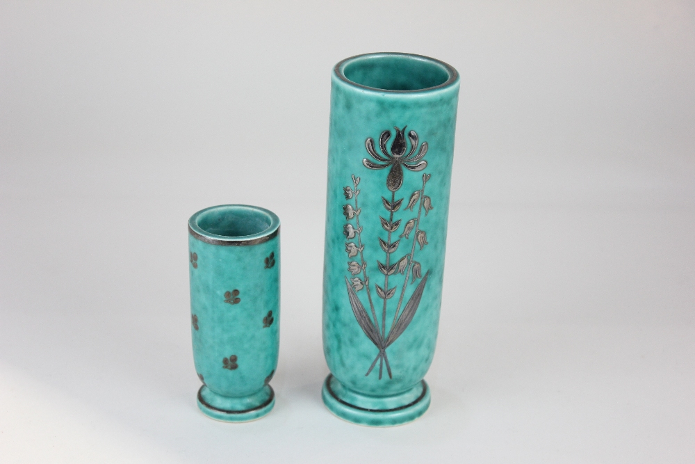 Two Gustavsberg, Sweden Argenta vases, decorated with silvered plants on turquoise ground, tallest
