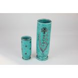 Two Gustavsberg, Sweden Argenta vases, decorated with silvered plants on turquoise ground, tallest