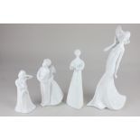 A Royal Doulton white porcelain figure holding a dove, 'Peace', 21cm high, together with three Royal