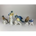 Five Karl Ens porcelain models of birds, two parrots, a woodpecker, an owl and a budgerigar (a/f),