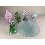 A near pair of glass perfume bottles, with green and white swirled decoration, 15cm high,(a/f -