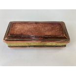 An 18th century Dutch copper and brass tobacco box, with engraved scene and inscription 12.5cm