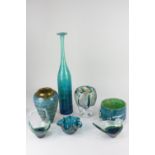 A Mdina glass posy basket and two trinket pots, together with three studio glass vases, and a blue