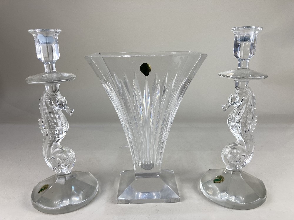 A pair of Waterford crystal seahorse candlesticks, 29cm high, together with a Waterford crystal