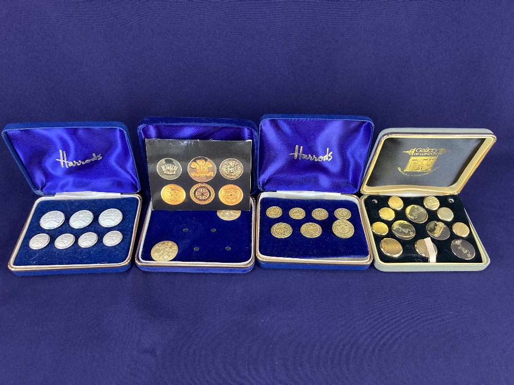 A set of seven silver jubilee buttons circa 1977, in Harrods case, together with three cased sets of