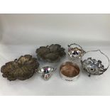 An Art Nouveau WMF basket (missing glass liner) a silver plated salt stamped WMFM, a pair of