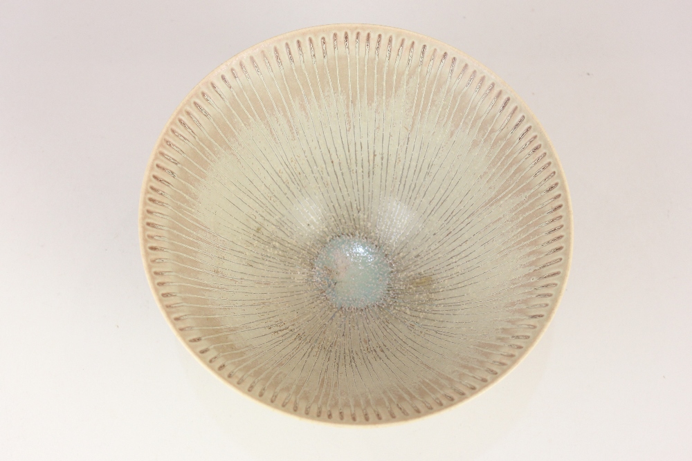 A Stig Lindberg for Gustavsberg, Sweden conical bowl, cream glaze with radiating horizontal lines to - Image 2 of 5