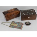 A Victorian rosewood tea caddy, of sarcophagus form, on bun feet, 25cm, and a rosewood and mother of