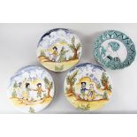 A set of three Continental glazed pottery plates, decorated with scenes of lovers in a landscape, in