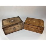 A Victorian walnut work box, inlaid with parquetry star design and mother of pearl, 27cm wide