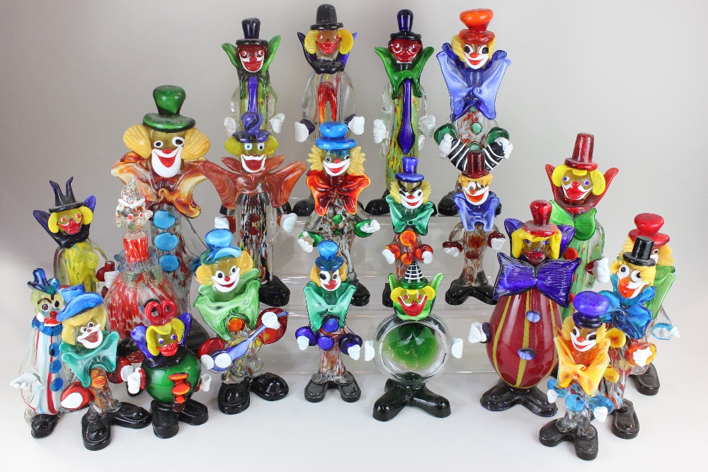 A collection of over twenty Murano glass figures of clowns, various shapes and sizes to include