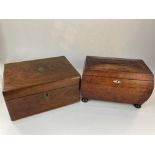 A 19th century mahogany bombe tea caddy, on bun feet, (missing interior) together with a Victorian