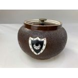 A Bacon Brothers, Cambridge pottery tobacco jar and cover, with crescent moon shield on brown