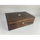 A Victorian rosewood writing slope, inlaid with mother of pearl, with brown leather slope, 35.5cm
