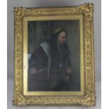 J Young (19th century), bearded man holding a pair of scales and a knife, oil on tin, signed and