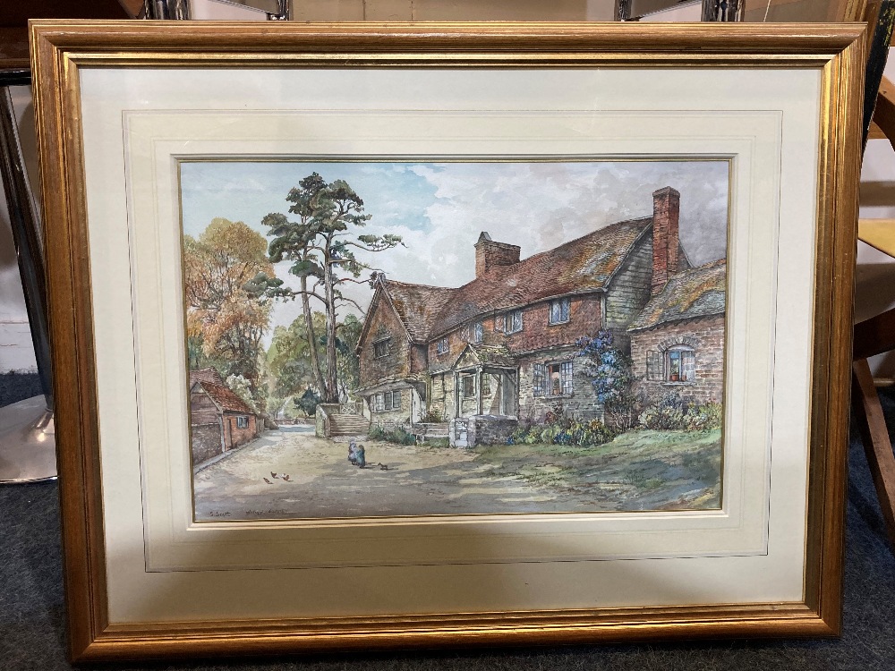 S Scott, two children on a lane beside a cottage, Witley, Surrey, watercolour, inscribed and signed,