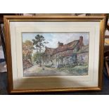 S Scott, two children on a lane beside a cottage, Witley, Surrey, watercolour, inscribed and signed,