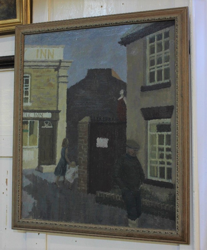 20th century British school, street scene with figures near an inn, oil on canvas, unsigned,