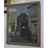 20th century British school, street scene with figures near an inn, oil on canvas, unsigned,