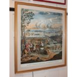 A reproduction colour print of an 18th century engraving, 'The siege of Barcelona taken by the