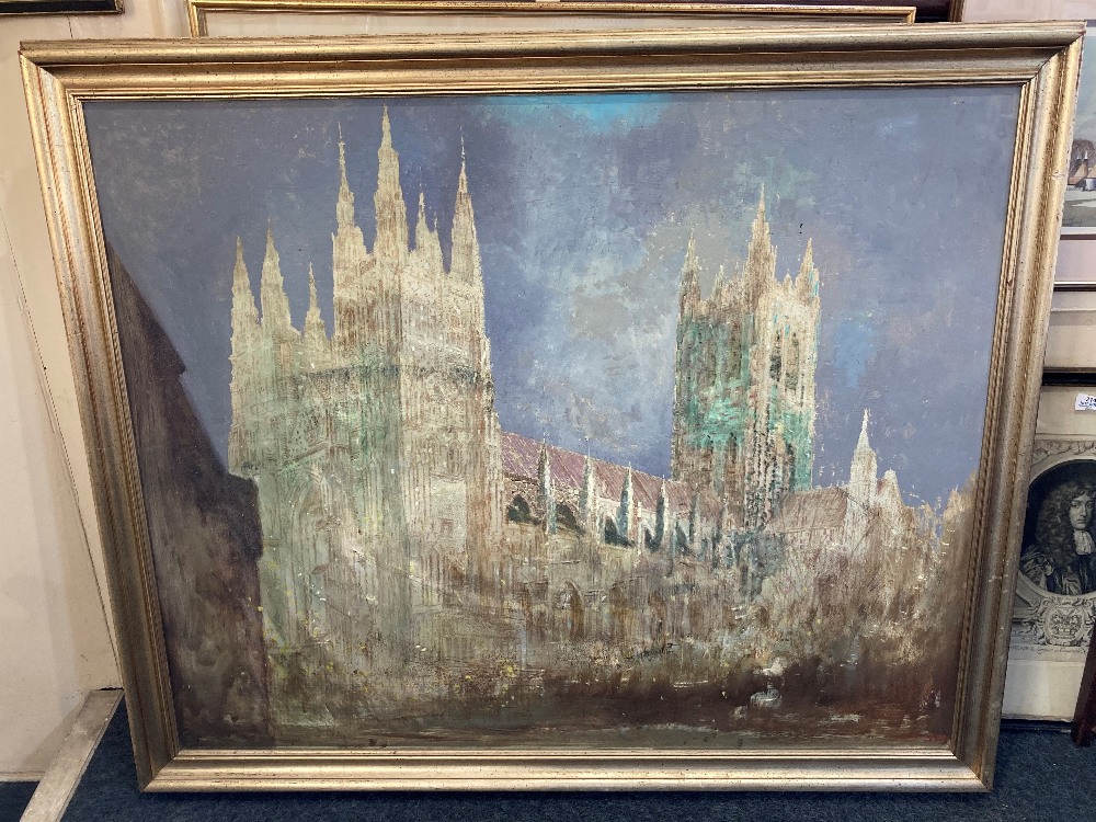 William Ware (1915-1999) view of Canterbury Cathedral, oil on board, label verso, Canterbury