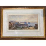 19th century school, Continental view along a coastline towards distant town, figures in the