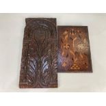 Two 18th / 19th century oak panels, one inlaid with floral scrolling design, 28.5cm by 19cm the