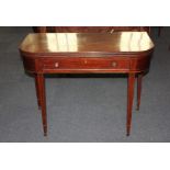 A George III inlaid mahogany tea table with rounded rectangular fold over top, single drawer on