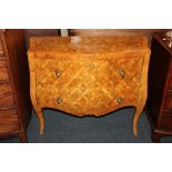 A continental marquetry inlaid bombe chest of two drawers, with lattice decoration throughout