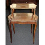 A late 19th / early 20th century French kingwood and marquetry inlaid two-tier etagere decorated