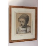 19th century school, portrait of a young child wearing a bonnet, pastel, unsigned, 24cm by 19cm (a/
