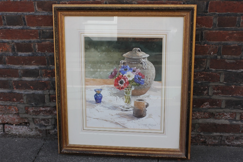 David Henley, floral still life with blue glass and stoneware, 'Anemones', watercolour, signed and