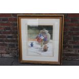 David Henley, floral still life with blue glass and stoneware, 'Anemones', watercolour, signed and