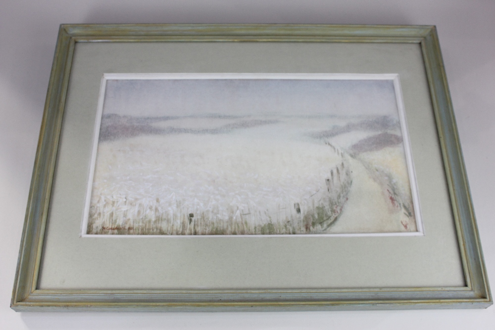 Hugh Caudwell (20th century), landscape view across fields, 'Corn', gouache, signed and dated 90,