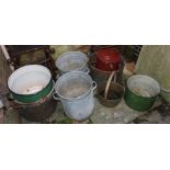 A collection of zinc, enamel and brass planters, preserve pans etc (a/f)