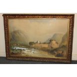Manner of Richard Cooper, mountainous landscape view with ruined castle, figure fishing in the
