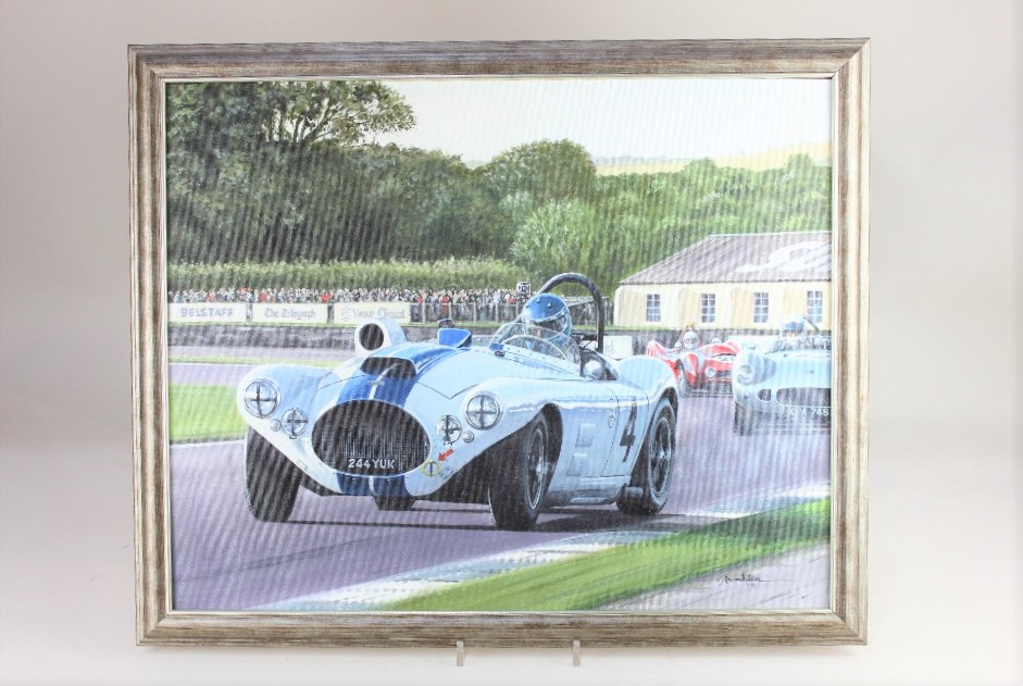 Andrew Kitson, racing cars on a track, with a Cunningham C4R 1953 in the foreground, oil on board,