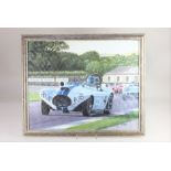 Andrew Kitson, racing cars on a track, with a Cunningham C4R 1953 in the foreground, oil on board,
