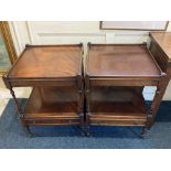 A pair of George III style two tier mahogany side tables with square gallery top and single low