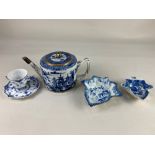 A 19th century porcelain blue and white teapot, decorated with a Chinese scene, together with two