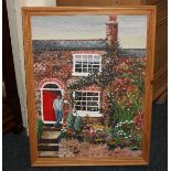 20th century school, figure posing outside a house with garden in bloom, oil on canvas, initialled