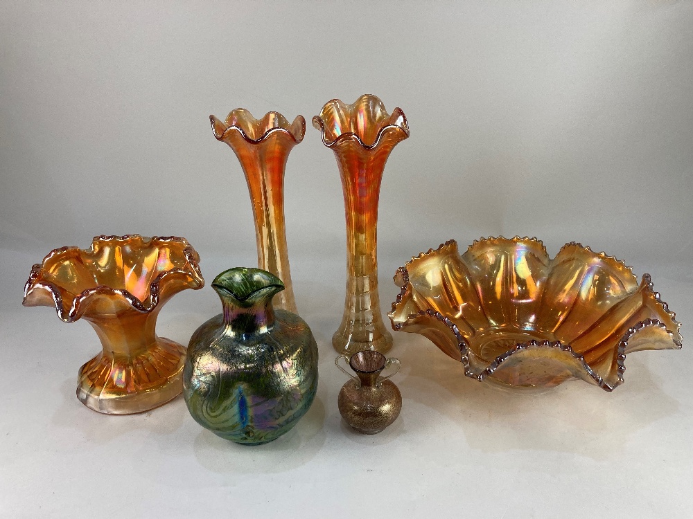 A 20th century opalescent studio glass vase of bulbous form, together with a small Venetian glass