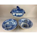 A 19th century blue and white transfer printed soup tureen and cover, decorated with a scene of a