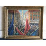 U MacDonald, continental scene with boat masts in the foreground, figures on a street beyond, oil on